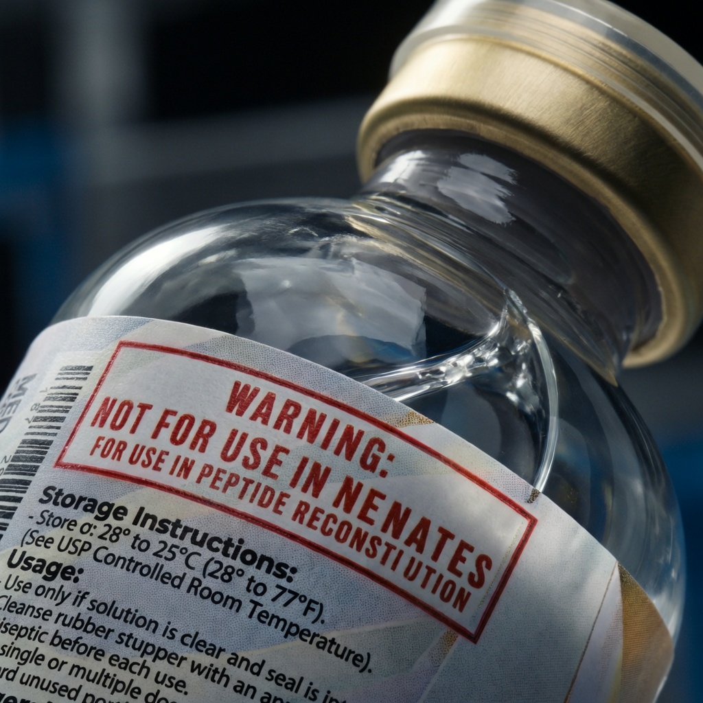 Back warning label on BAC Water™ vial — close-up
