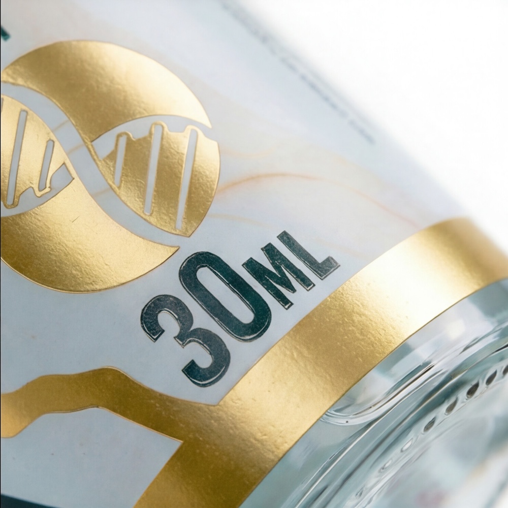Close-up of DNA helix and 30mL detail on BAC Water™ label