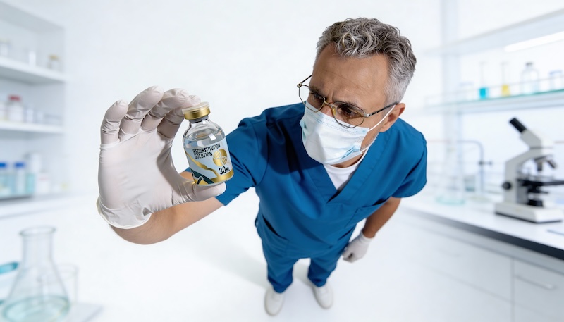 Lab technician inspecting BAC Water™ vial